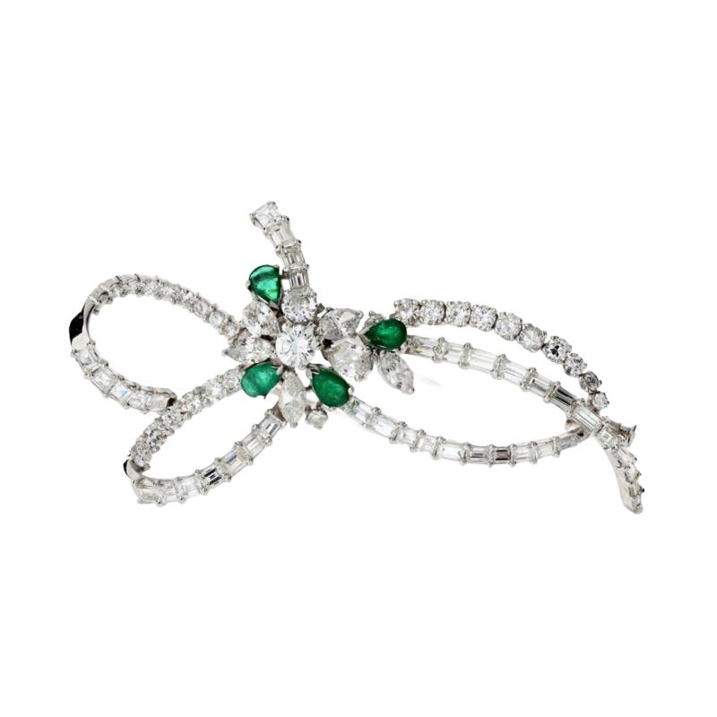 Platinum Green Emerald And 8 00 Carat Diamond Bow Brooch