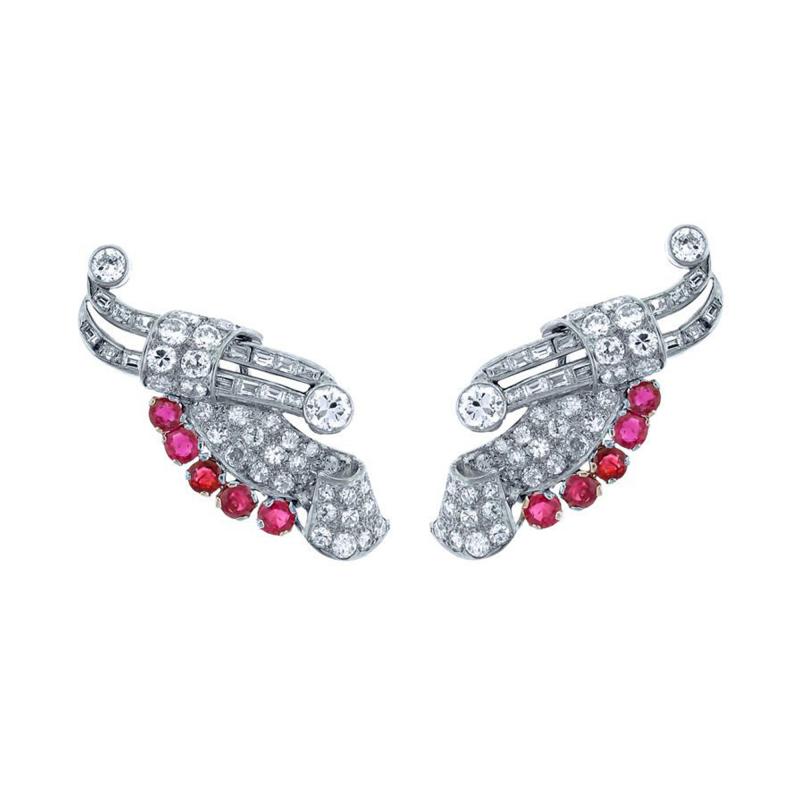 Platinum Ruby and Diamond Wing Earrings