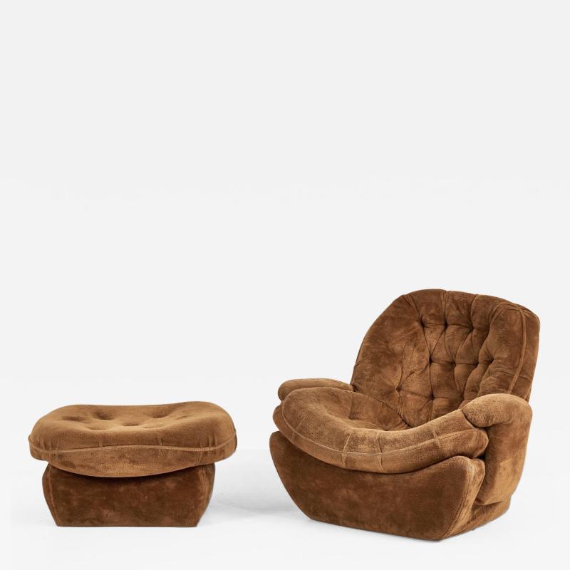 Plush 1970s Lounge Chair and Ottoman