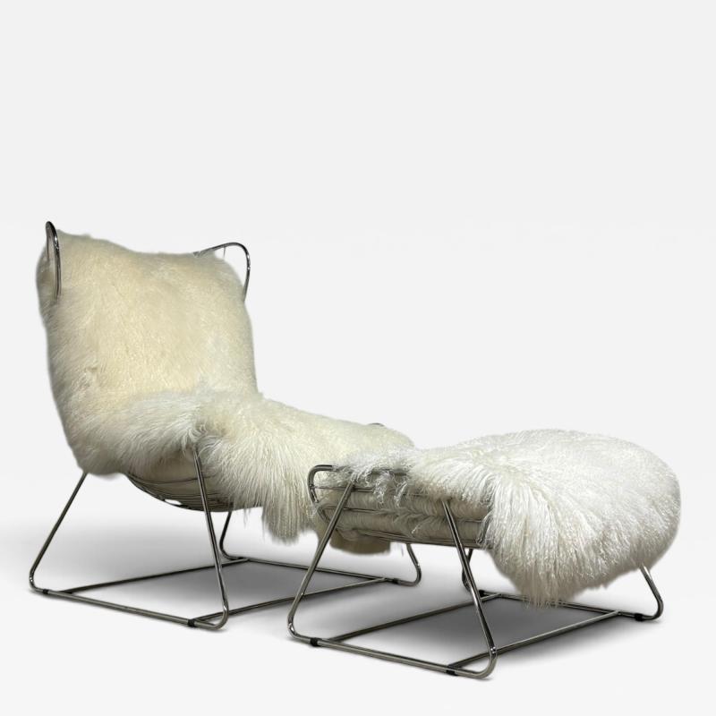 Polished Stainless Steel and Shearling Chair and Ottoman 2000s