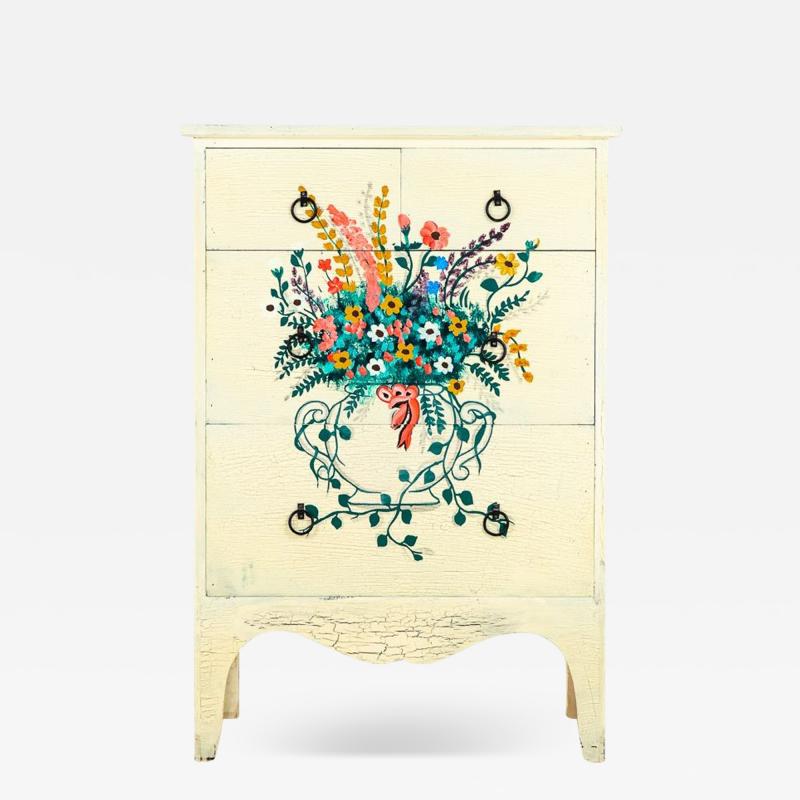 Polychrome Flowers in Vase Handpainted on Chest of Drawers Mid 20th Century