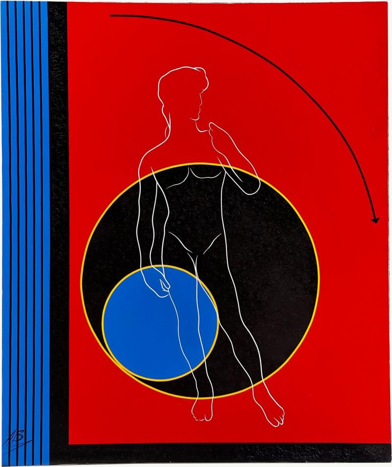 Post Modern Geometric Figural Acrylic on Canvas Signed AB 1980