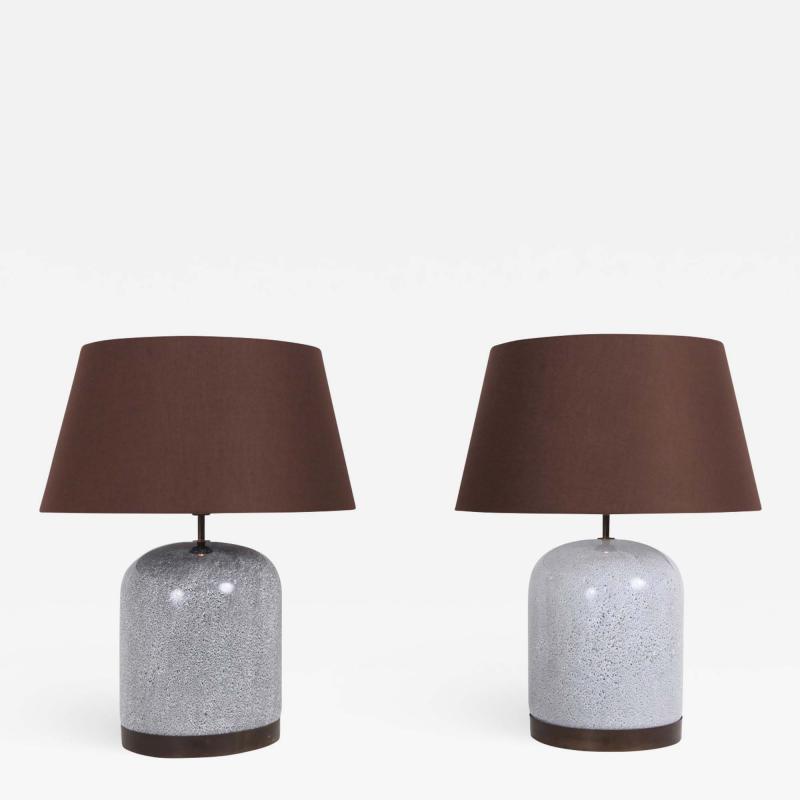 Post Modern Pair of Black White Speckled Ceramic Lamps with Brown Shades