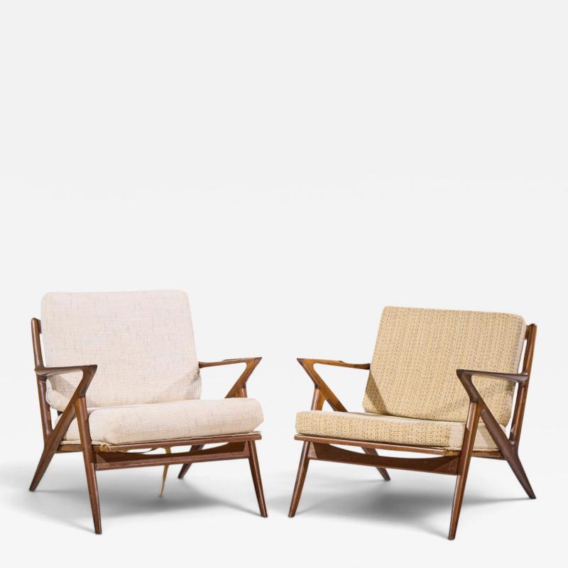 Poul Jensen Poul Jensen for Selig Mid Century Walnut Z Lounge Chairs Pair