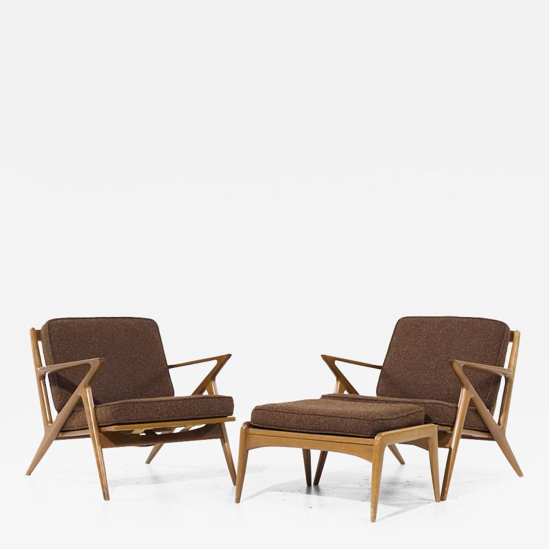 Poul Jensen Poul Jensen for Selig Mid Century Walnut Z Lounge Chairs and Ottoman