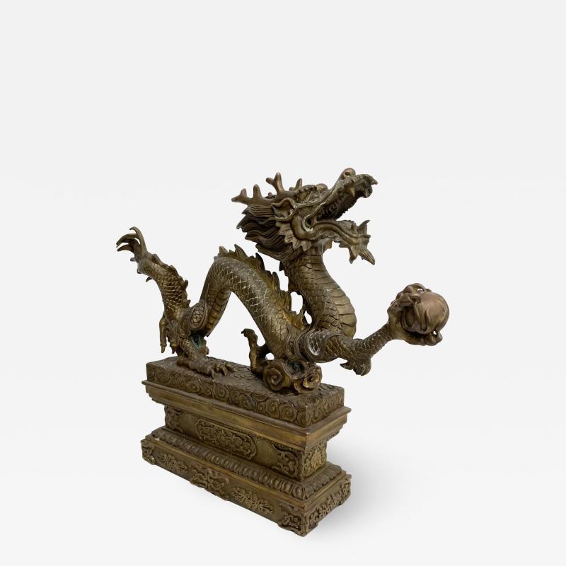 Powerful Chinese Feng Shui Dragon with Ball Bronze Sculpture Ornate Relief