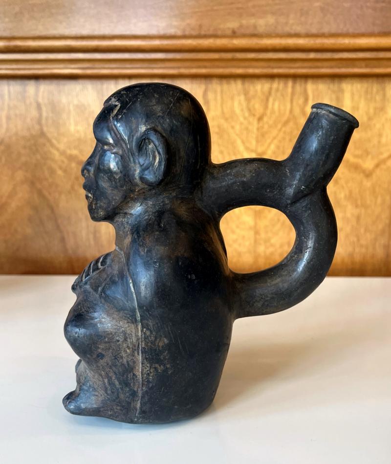 Pre-Columbian Black Figural Stirrup Vessel Moche Culture