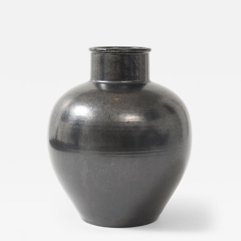 Primavera Atelier du Printemps Primavera Large Black Glazed Ceramic Oivid Vase Cylindrical Neck France 1930