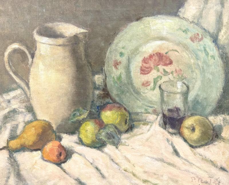 Prosper Rotge Still Life with Pitcher Plate and Fruit 
