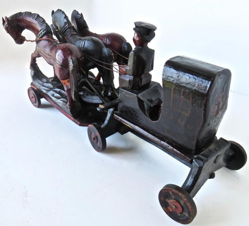 Prototype Late 19th Century Hand Carved Toy Horse Drawn Hansom Cab 