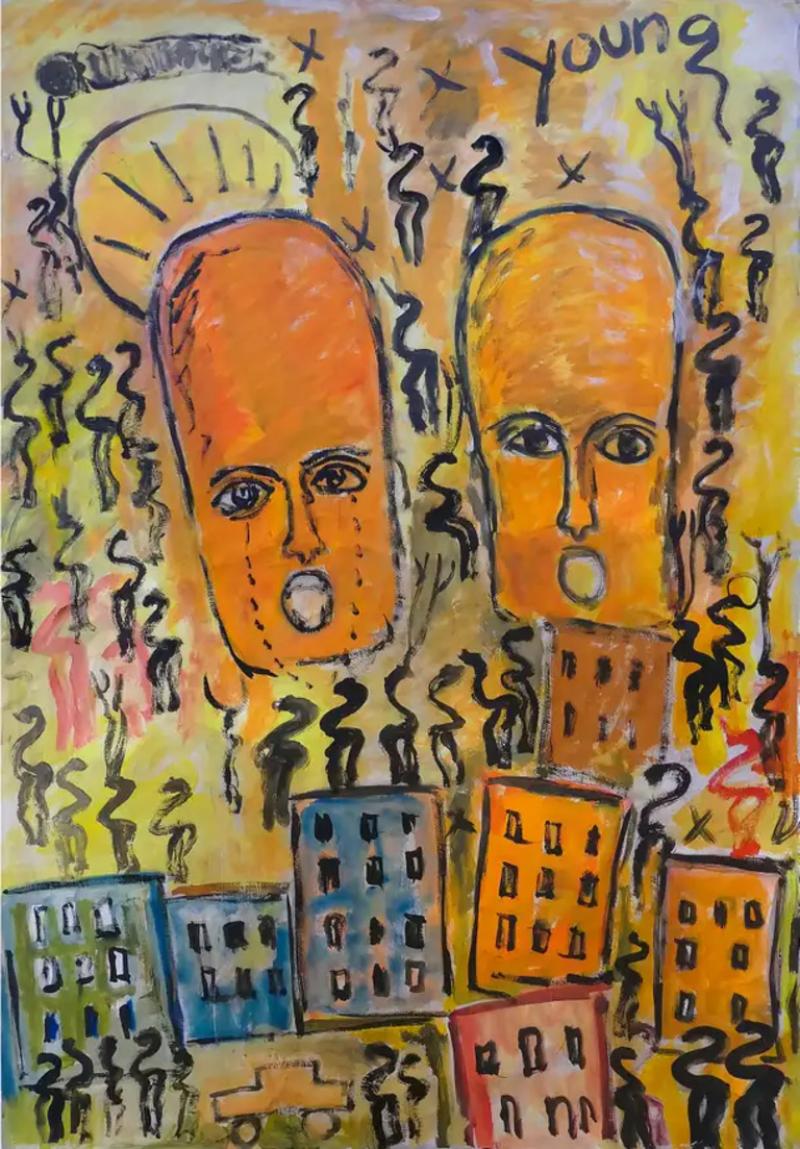 Purvis Young Large Purvis Young Abstract Outsider Folk Art Painting on Board