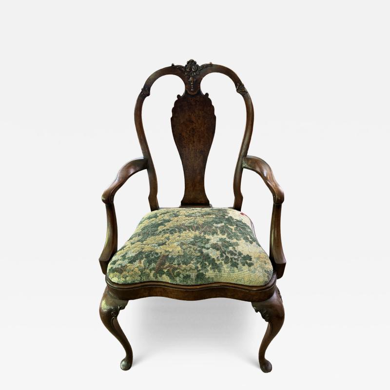 Queen Anne Burl Wood Armchair w Newly upholstered seat