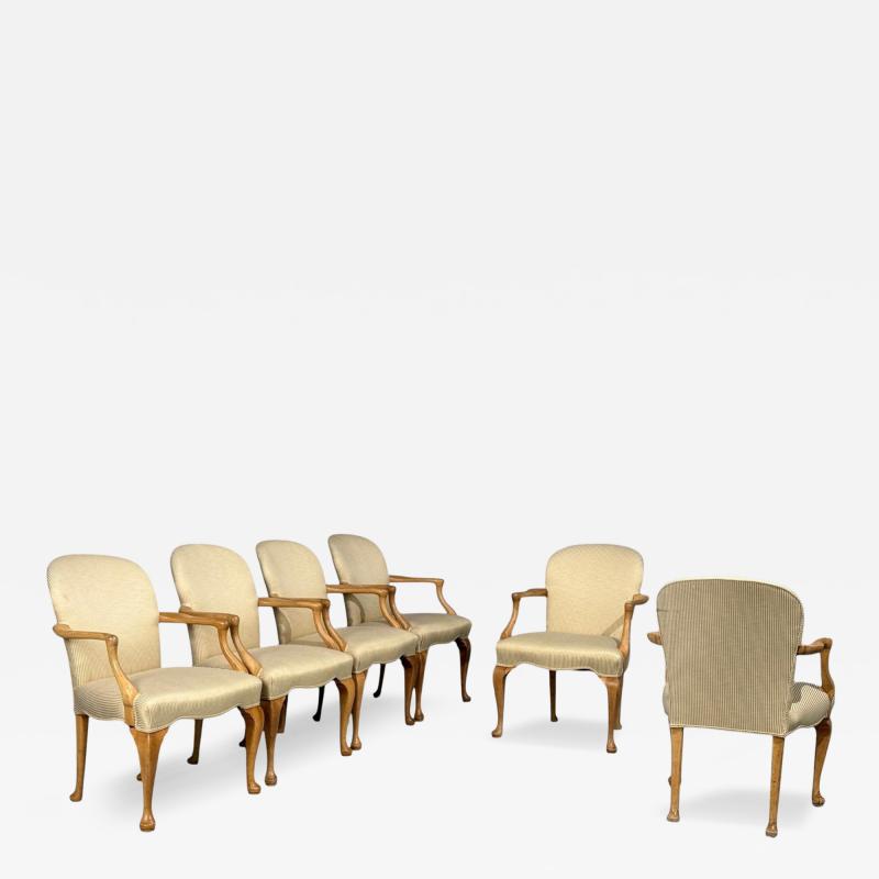 Queen Anne Style Six Dining Chairs Light Wood Fabric USA 1940s