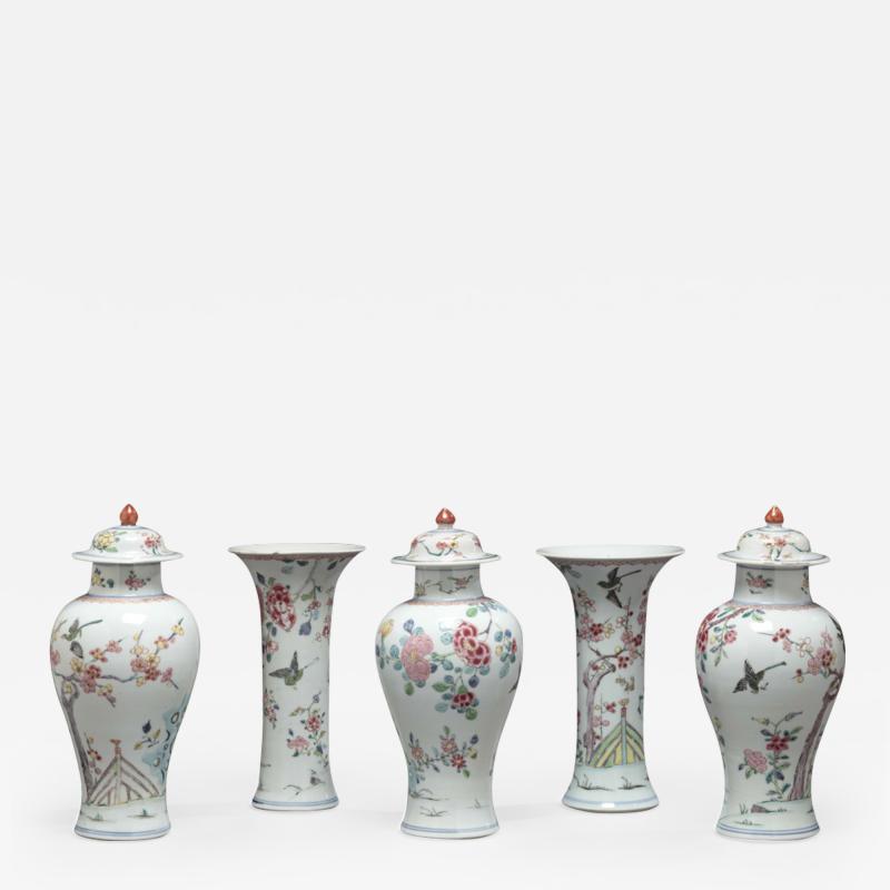 RARE CHINESE EXPORT FAMILLE ROSE FIVE PIECE GARNITURE