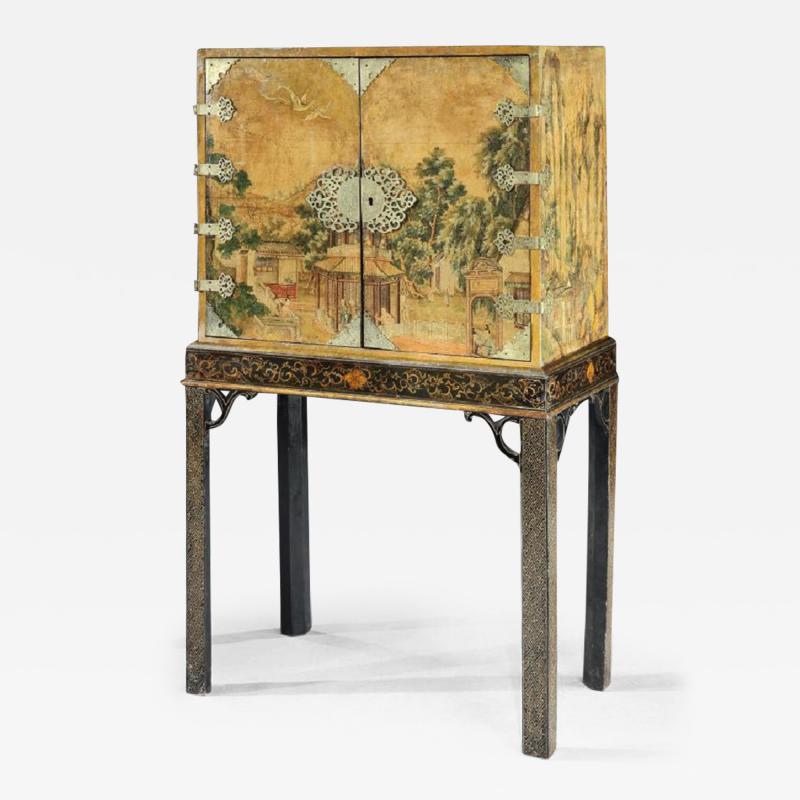 RARE CHINESE WALLPAPER COVERED CABINET ON ORIGINAL ENGLISH LACQUER STAND