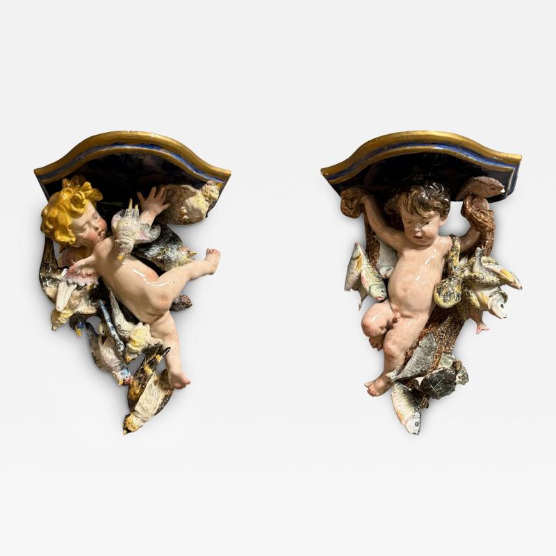 RARE ITALIAN CERAMIC PAIR OF CHERUB ANGEL SEALIFE BIRDS WALL SHELF SCONCES