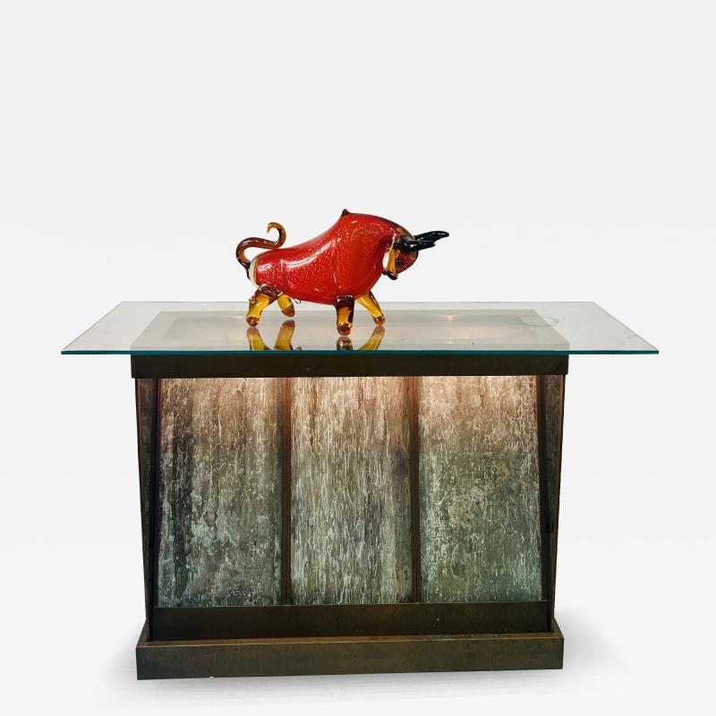 RARE MODERNIST TRAVERTINE AND COPPER ILLUMINATED WATERFALL CONSOLE