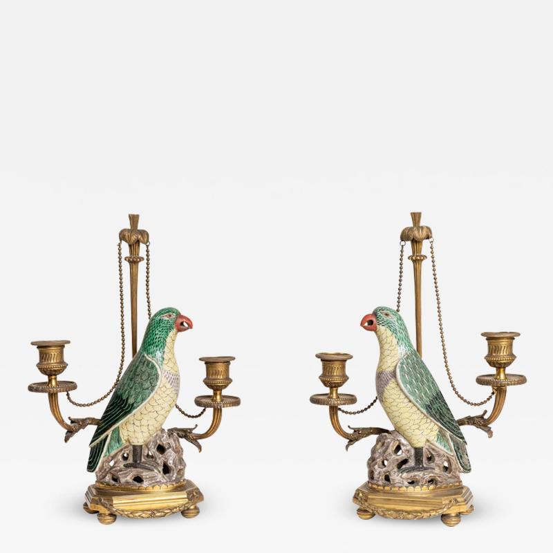 RARE PAIR OF 18TH CENTURY 19TH CENTURY CHINESE PORCELAIN PARROTS CANDELABRA