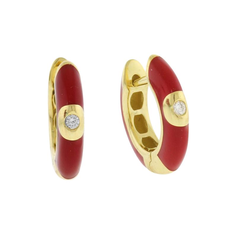 RED ENAMEL AND DIAMOND HOOP EARRINGS