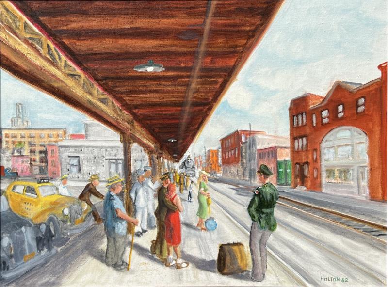 RETRO SCENE OF RAILROAD PLATFORM WPA STYLE PAINTING