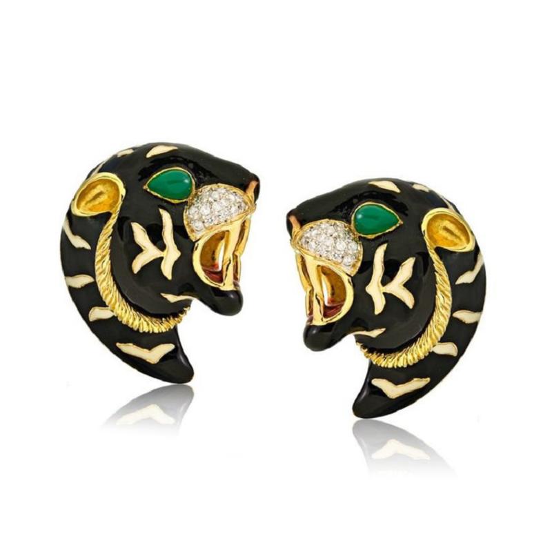 ROBERTO LEGNAZZI PANTHERE 18K YELLOW GOLD 1970S ROBERTO LEGNAZZI DIAMOND ENAMEL EARRINGS