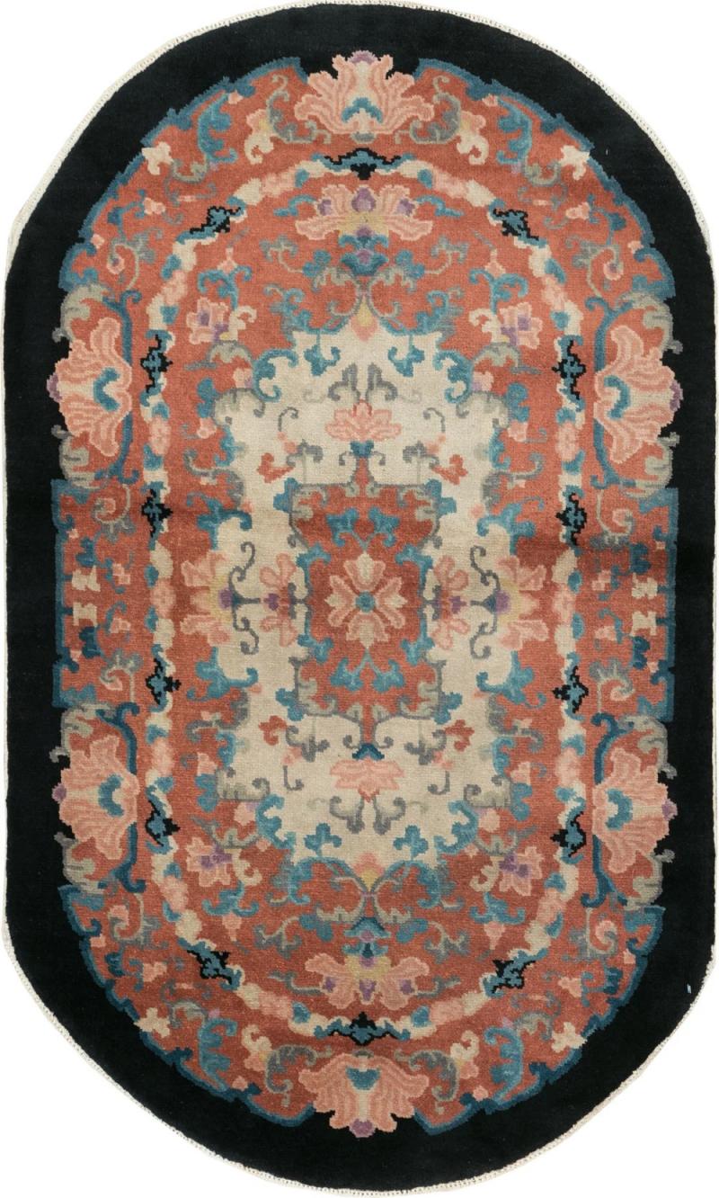 ROUND OVAL VINTAGE CHINESE ART DECO ACCENT RUG