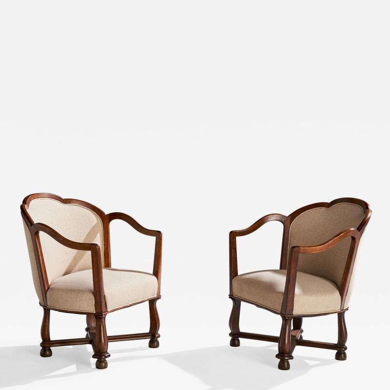Ragnar Ostman Lounge Chairs with Oak and Fabric Sweden 1920s