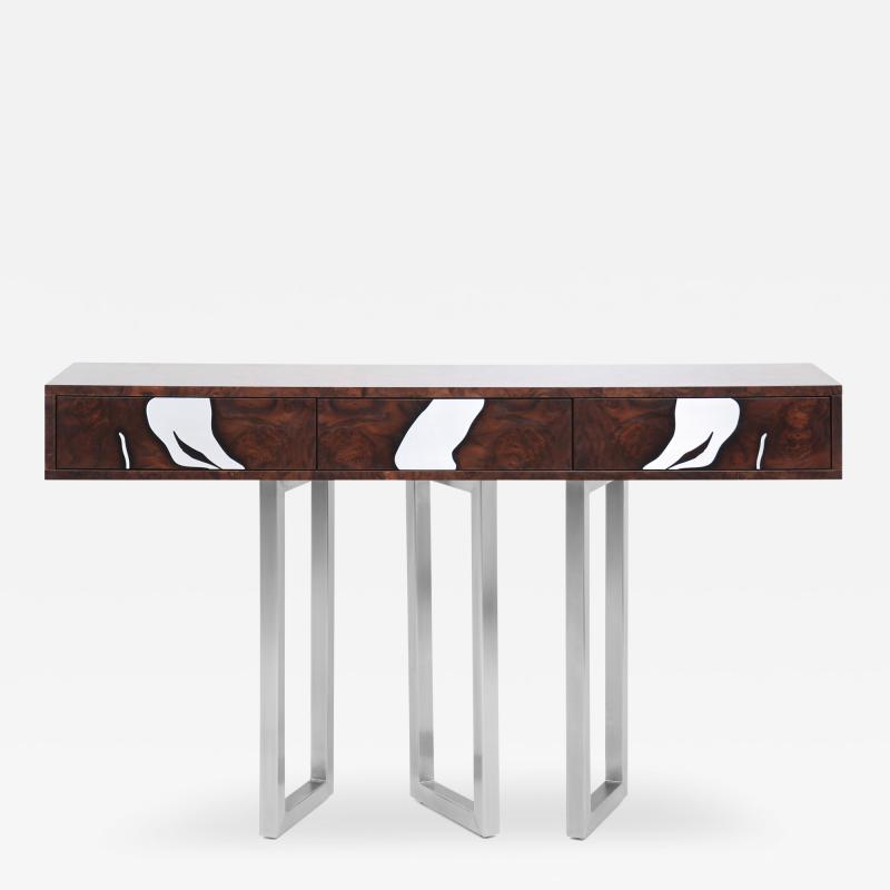 Railis Kotlevs Contemporary Oxara Console Table in Walnut Root Stainless Steel 