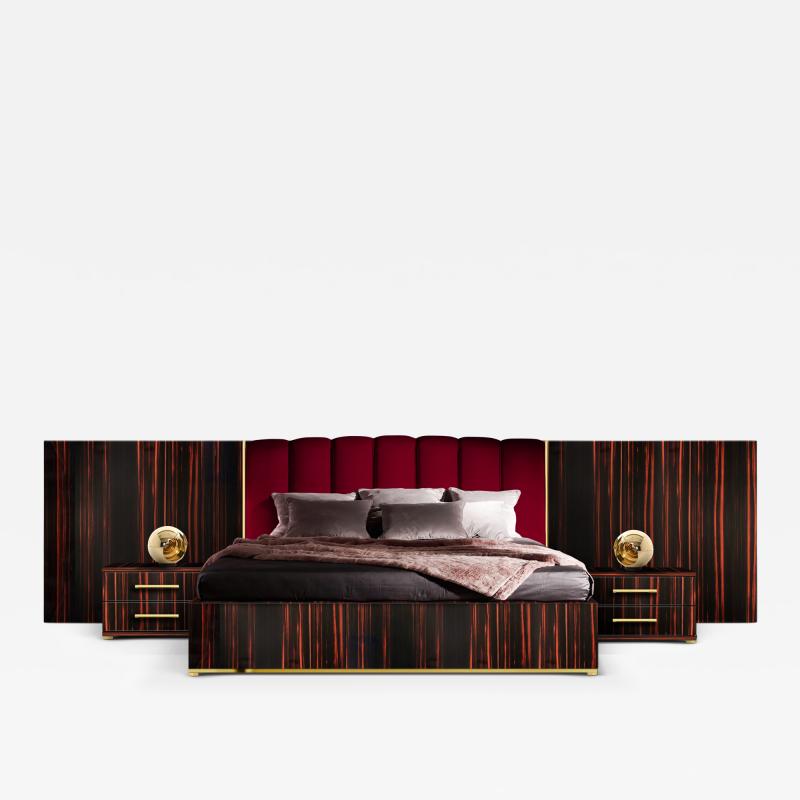 Railis Kotlevs Contemporary Poseidon Bed with Nightstands Ebony Veneer Brass Velvet