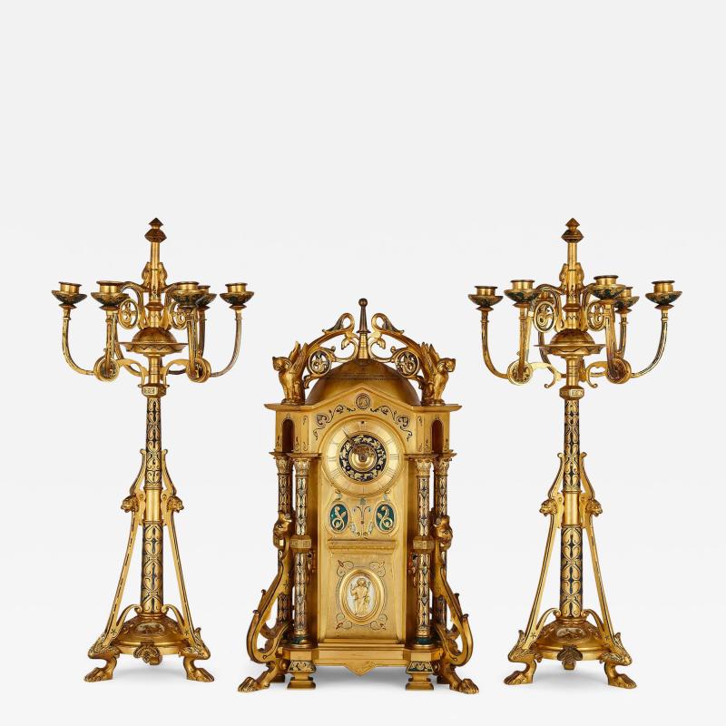 Raingo Fr res Byzantine style gilt bronze and champlev enamel clock garniture