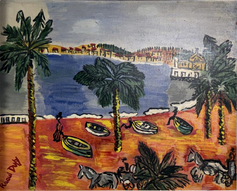 Raoul Dufy MID CENTURY CANNES SEASIDE WITH HORSE DRAWN CARRIAGE PAINTING AFTER RAOUL DUFY