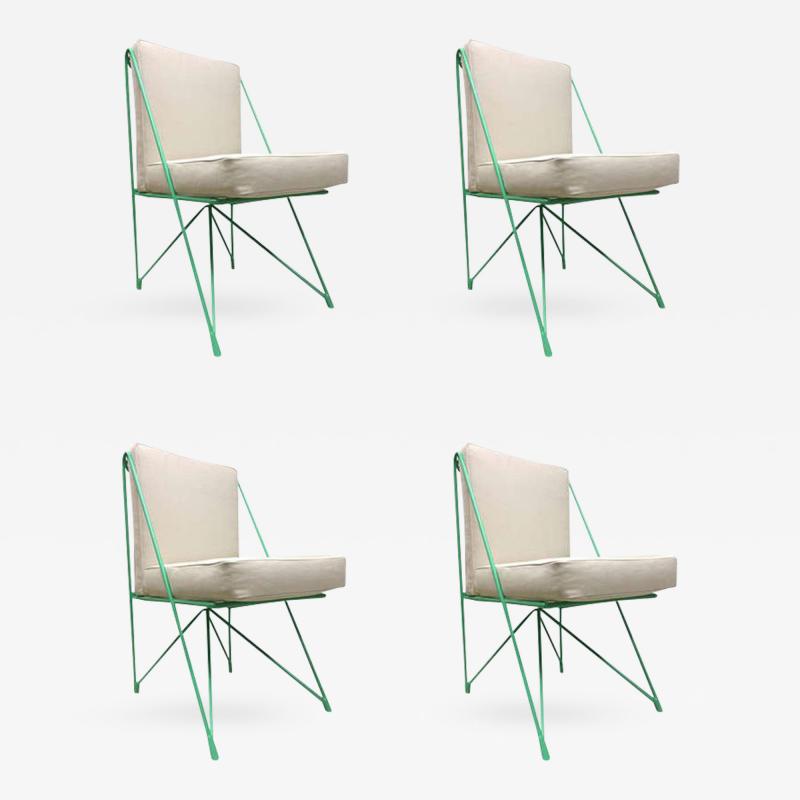 Raoul Guys Raoul Guys Rare Set of Four Aqua Metal Chairs Newly Recovered in Canvas Cloth