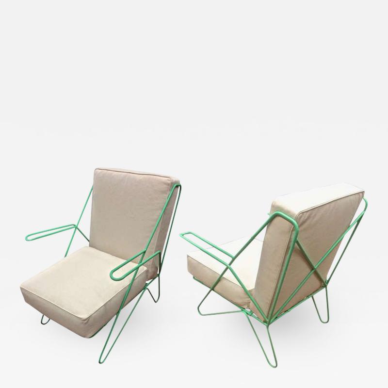 Raoul Guys Raoul Guys Rarest Pair of Aqua Metal Chairs Newly Recovered in Canvas Cloth