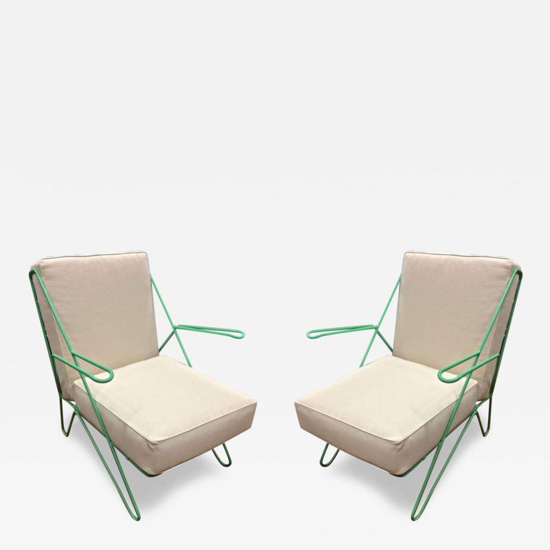 Raoul Guys Raoul Guys Rarest Pair of Aqua Metal Chairs Newly Recovered in Canvas Cloth