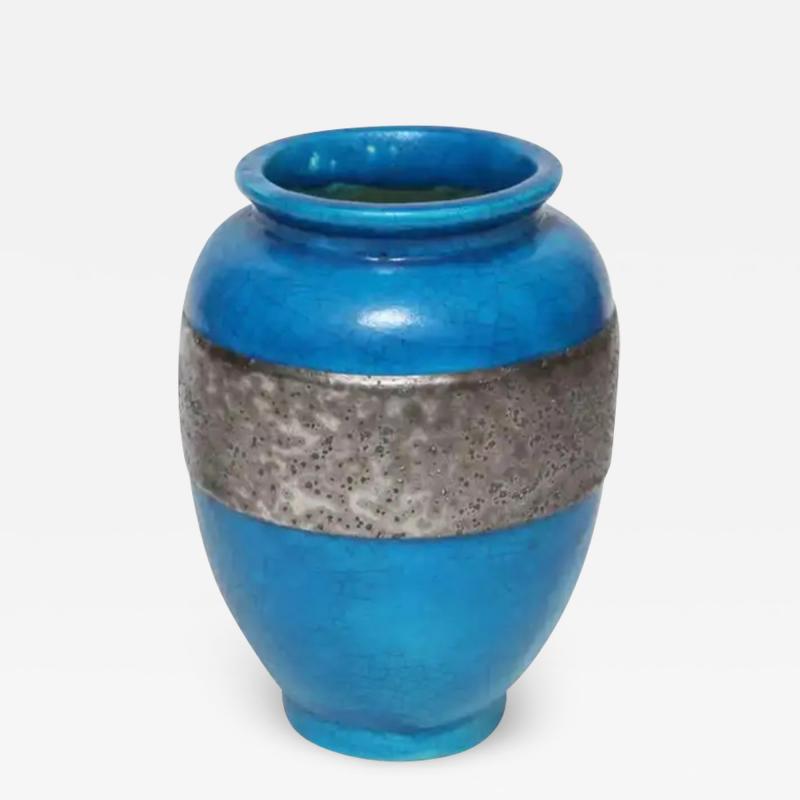 Raoul Lachenal Raoul Lachenal Blue Crackle Glaze Ceramic Vase with Band circa 1930s 1940s