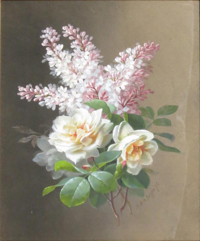 Raoul Maucherat de Longpre Orange Roses and Lilac Posy 