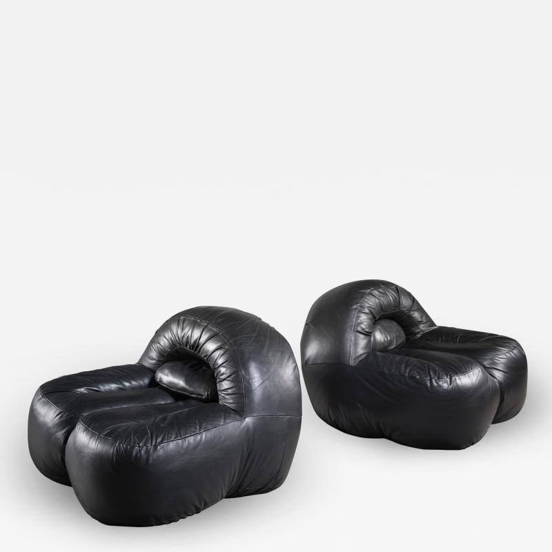 Raphael Raffel Black leather lounge chairs France