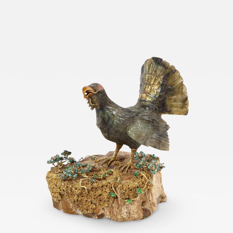 Rare 18K Gold Enamel and Diamond Mounted Carved Labradorite Turkey Bird