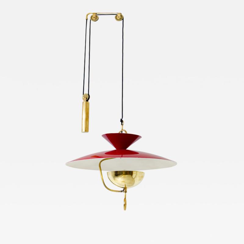 Rare 6 light adjustable chandelier in lacquered metal and brass