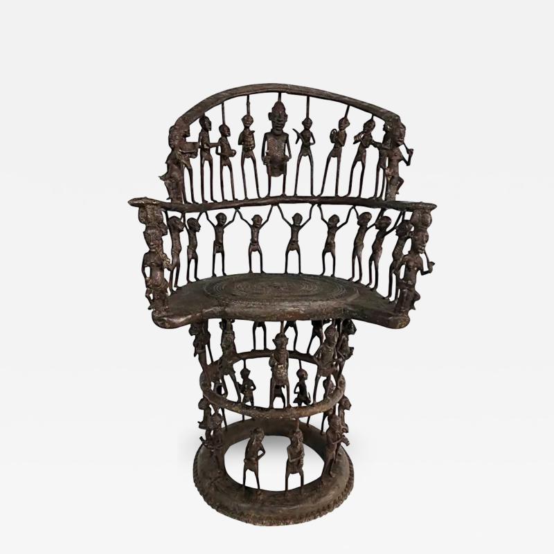 Rare African Cameroon Bronze Figurative Throne Chair 20th Century