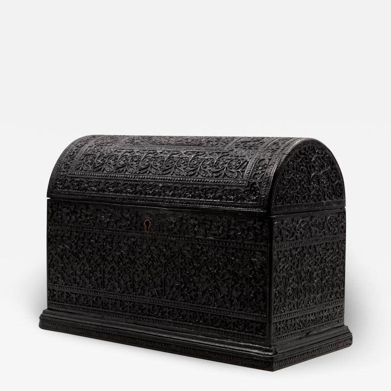 Rare Anglo Indian Intricately Carved Ebony Dome Top Tea Caddy