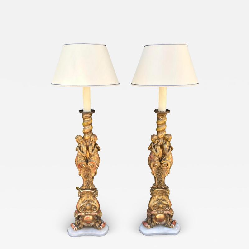 Rare Antique French Giltwood Figural Cathedral Floor Lamps a Pair
