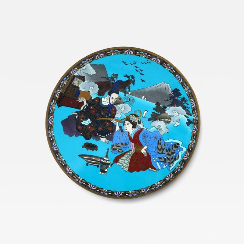 Rare Antique Meiji Japanese Cloisonne Enamel Charger With Figures 12 Inches