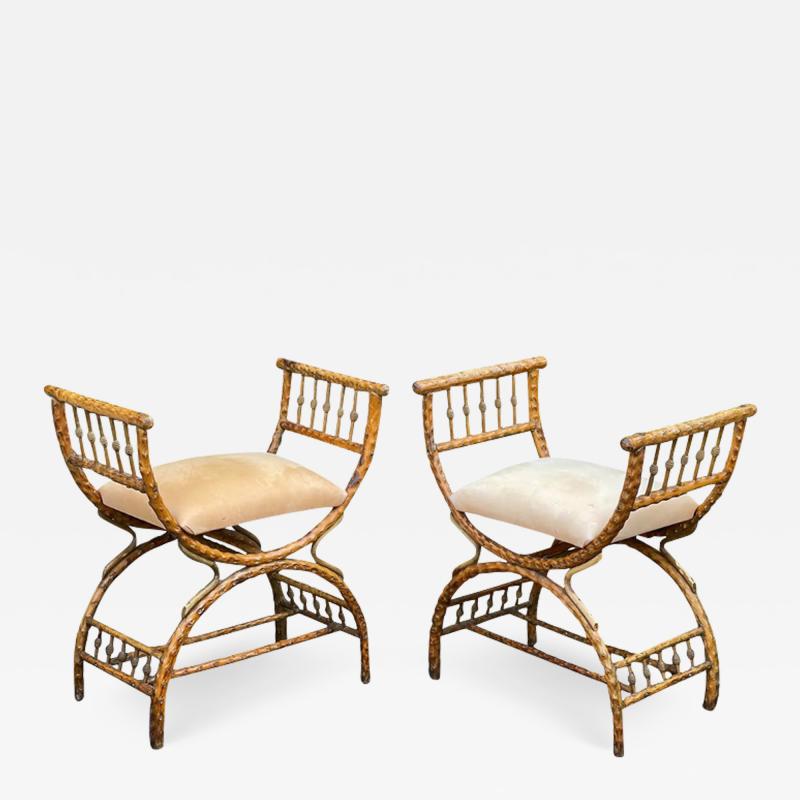 Rare Antique Nantucket Wicker Roman Benches a Pair