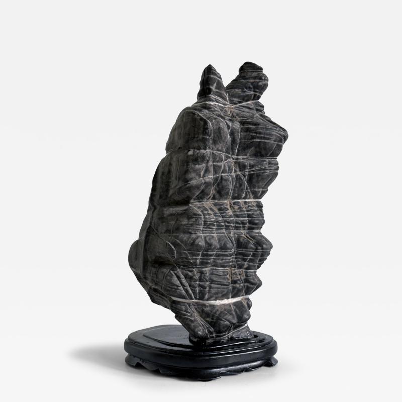 Rare Chinese Antique Black and White Lingbi Scholar Stone on Display Stand