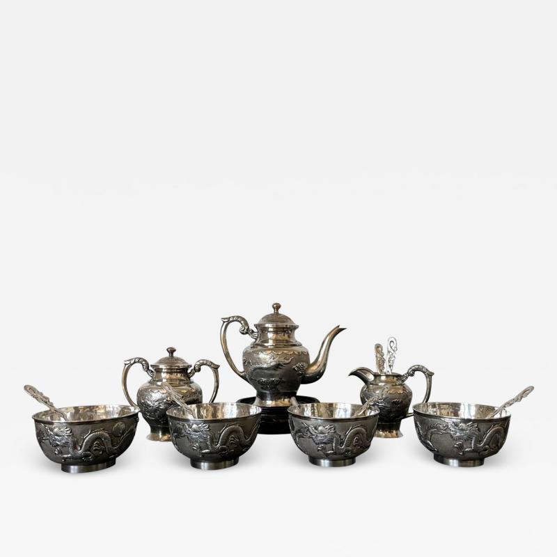 Rare Chinese Export Sterling Silver Tea Set with Dragon Design Tianjing Wuhua