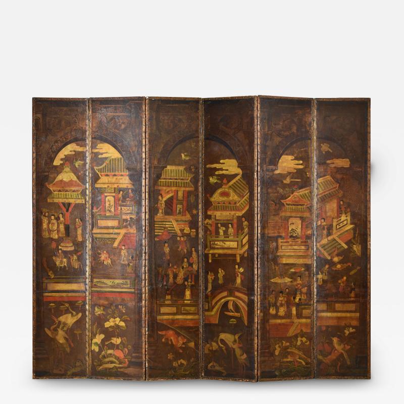 Rare English Painted Leather Folding Screen c 1700 30