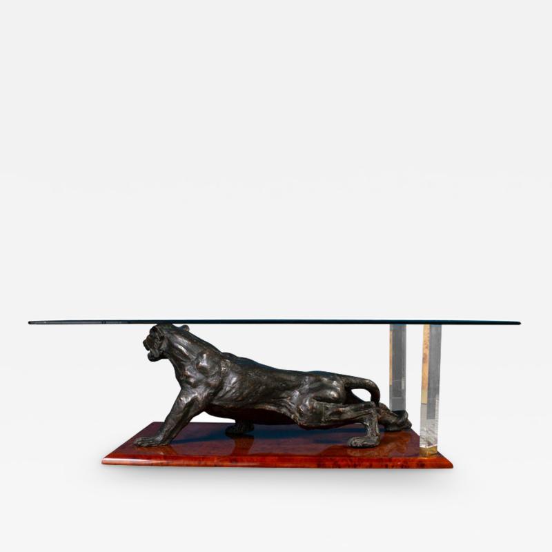Rare Italian Coffee Table with Sculpture of Panther 1970