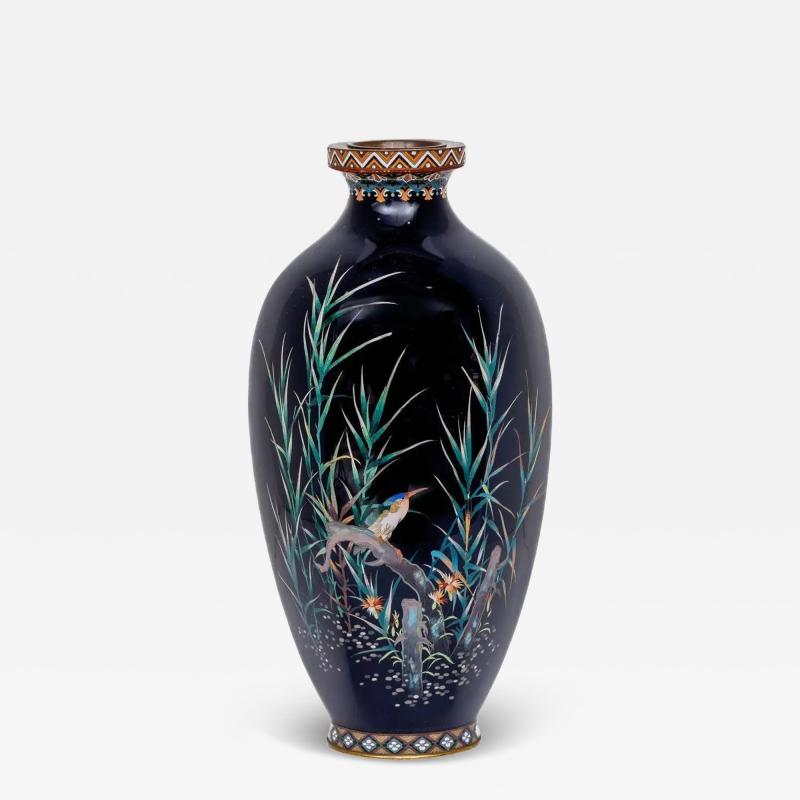 Rare Japanese Cloisonn Enamel Vase with Kingfisher and Reeds Hayashi Kodenji