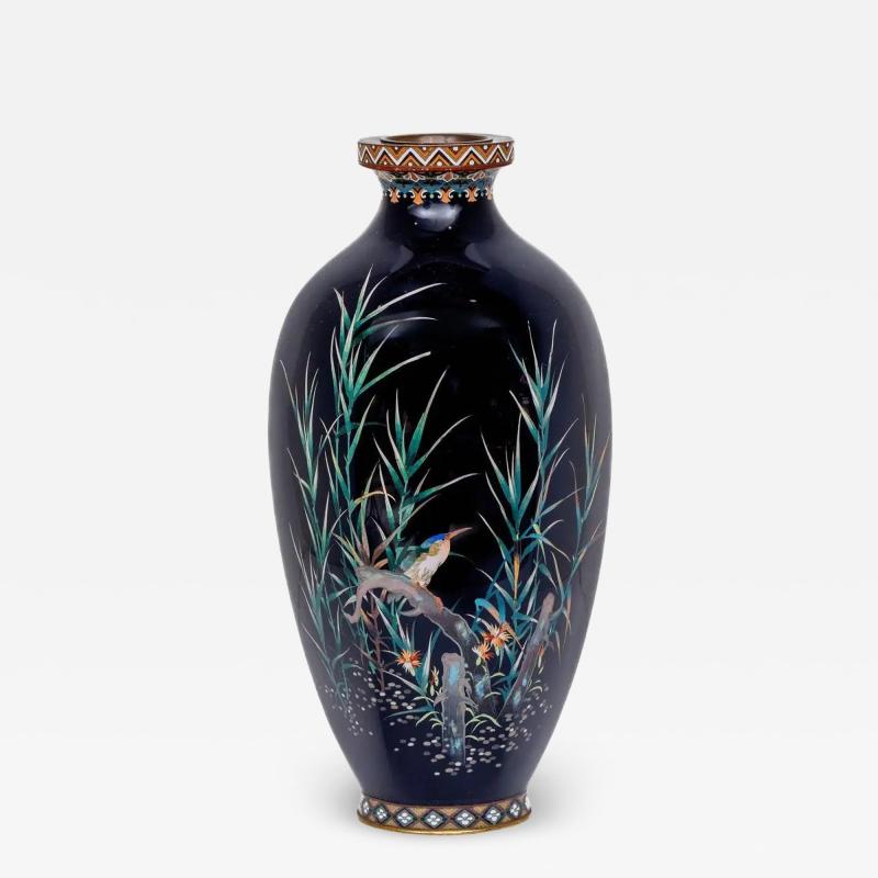 Rare Japanese Cloisonn Enamel Vase with Kingfisher and Reeds Hayashi Kodenji
